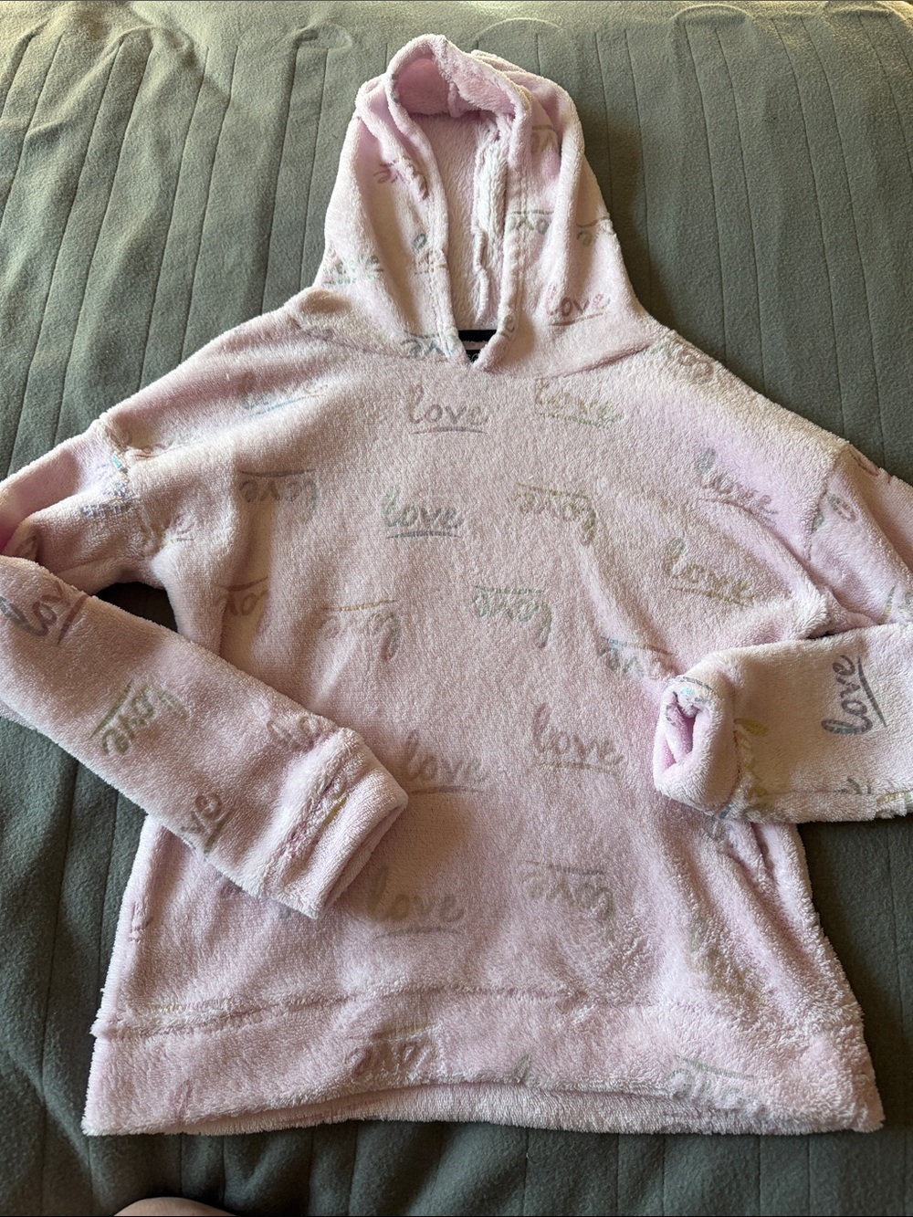 Girls' Plush Pink Hooded Pullover with 'Love' Script